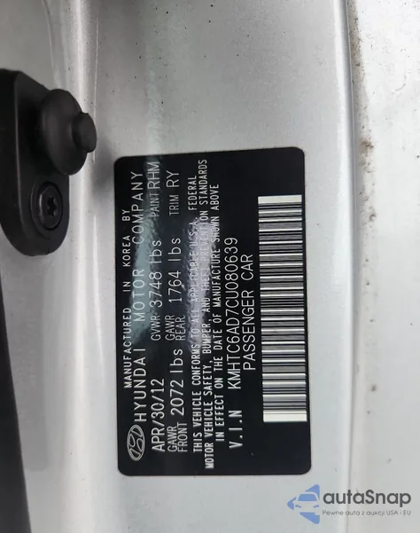 2012 Hyundai Veloster z USA, uszkodzony, nr VIN KMHTC6AD7CU080639